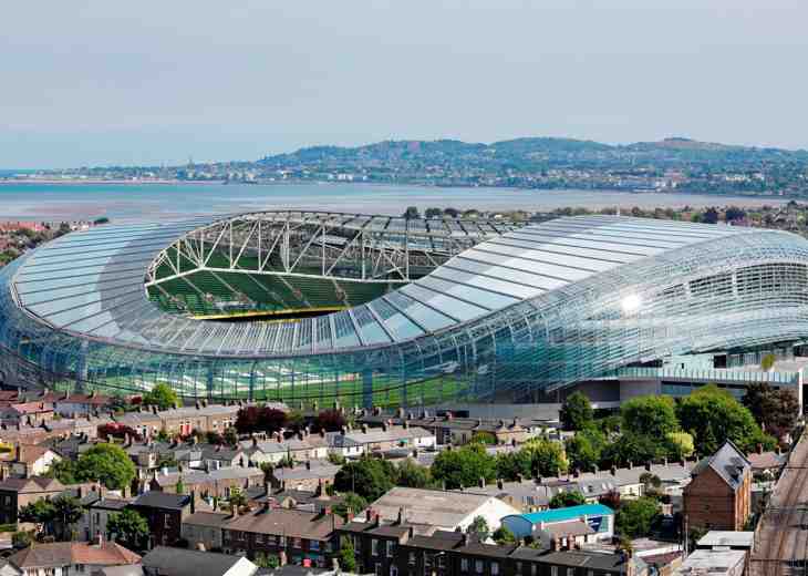 An aerial view of the Aviva stadium, the surrounding houses and the waterfront behind.